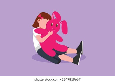 Character flat drawing little girl hug her doll and cry or scared or sad or feel bad or in trouble. Sitting on floor. Concept of orphan kid with her teddy bear toys. Cartoon design vector illustration