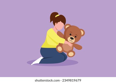 Character flat drawing little girl kid holding, kneeling, and hugging teddy bear doll. Early childhood development, child playing with her toys, happy children day. Cartoon design vector illustration