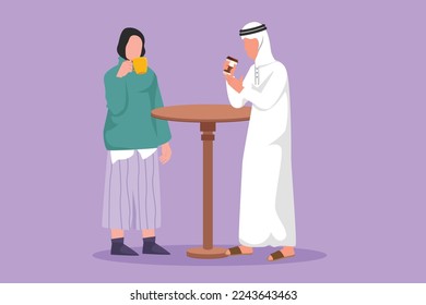 Charaktere flache Zeichnung liebende arabische Paar ist Kaffee trinken und stehen am Tisch im Café. Freunde oder Kollegen treffen sich im Bistro, trinken Getränke, vergnügen zusammen. Cartoon-Design, Vektorgrafik