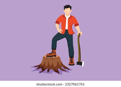 Character flat drawing lumberjack wearing plaid shirt, jeans, boots and beanie hat. Active man standing with ax and posing with one foot on a tree stump logo, icon. Cartoon design vector illustration