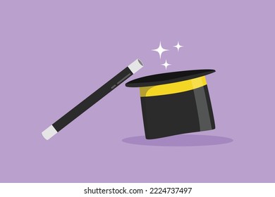 Character flat drawing magic hat and magic wand. Equipment in a magic show in a traveling circus. Entertainment at the amusement park during school holidays. Cartoon style design vector illustration