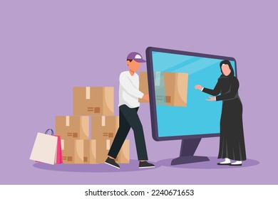 Character flat drawing male courier deliver box package and through computer monitor screen to Arab female customer. Online delivery service. Online store metaphor. Cartoon design vector illustration