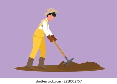 Character flat drawing of male farmer plow or leveling the ground using rake. Starting new planting season at countryside. Success farmer with organic natural crop. Cartoon design vector illustration