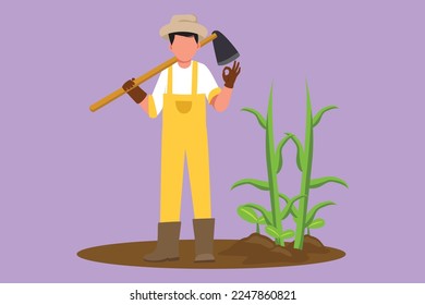 Character flat drawing male farmer standing with okay gesture, wearing straw hat and carrying shovel to plant crop or harvest on farmland. Rural agricultural worker. Cartoon design vector illustration