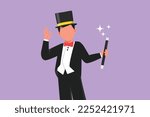 Character flat drawing male magician in tuxedo with okay gesture wearing hat and holding magic stick ready to entertain audience in circus show. Magical performance. Cartoon design vector illustration