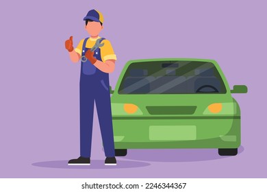 Character flat drawing male mechanic standing in front of car with thumbs up gesture and holding wrench to perform maintenance on vehicle engine or transportation. Cartoon design vector illustration