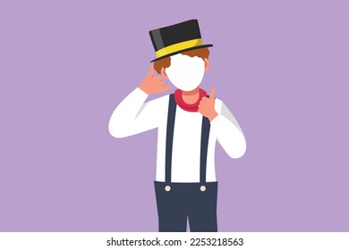 Character flat drawing male mime artist say hi with call me gesture and white face make up puts on silent motion comedy show at circus arena. Creative job industry. Cartoon design vector illustration