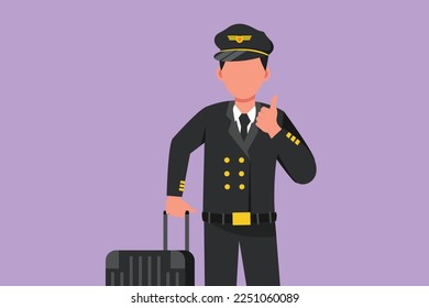 Carácter plano piloto macho con gesto de pulgar hacia arriba y uniforme completo está listo para volar con tripulación de cabina con avión en el aeropuerto. Aerolíneas de viajes o de la industria del avión. Ilustración vectorial de diseño de dibujos animados