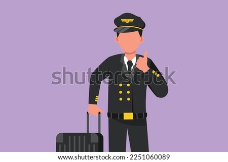 Character flat drawing male pilot with thumbs up gesture and full uniform is ready to fly with cabin crew with aircraft at airport. Airline travel or plane industry. Cartoon design vector illustration