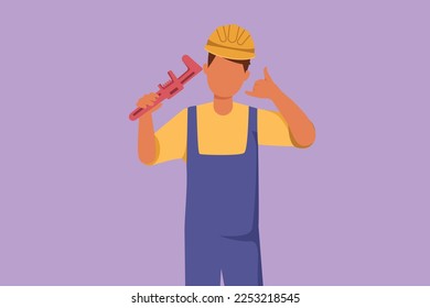 Charaktere flache Zeichnung männlichen Klempner, der Affenschlüssel und tragen Helm mit Call-mir-Geste, bereit für die Reparatur der Leckage in Senken und Häusern Abtropfen. Cartoon-Design, Vektorgrafik