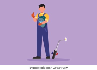 Character flat drawing male welder standing with thumbs up gesture and holding face shield ready to work in his iron workshop. Manufacturing worker with metalwork. Cartoon design vector illustration