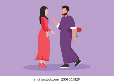 Character flat drawing man holding flowers behind his back and standing in front of woman. Happy Arab guy giving rose flower to girl. Male and female met for dating. Cartoon design vector illustration