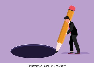 Character Flat Drawing Of Man Making Circle Of Holes With Big Pencil. Business Cheating, Businessman Making Hole Trap. Failure Or Defeat Entrepreneur In Competition. Cartoon Design Vector Illustration