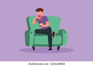 Character flat drawing of man sitting on couch, eating donut and drinking coffee. Hungry male holding paper cup with hot drink and sweet dessert. Fast food concept. Cartoon design vector illustration