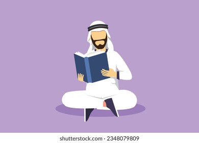 Character flat drawing man is sitting on floor reading book. Arabian student is preparing for the exam, applicant is preparing for admission, book lover is reading. Cartoon design vector illustration
