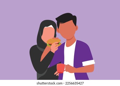 Character flat drawing man and woman eating one burger together. Happy Arab couple sharing hamburger. Celebrate wedding anniversaries and having lunch at restaurant. Cartoon design vector illustration