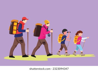 Character flat drawing man, woman, kid, children, family hikers traveling trekking with backpacks in mountains forest. Trip and holiday with dad, mom, son, daughter. Cartoon design vector illustration
