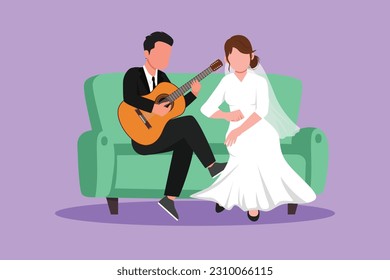 Character flat drawing married couple in love. Man with suit is playing guitar to his wife in living room on sofa. Cute woman with wedding dress listen and singing. Cartoon design vector illustration