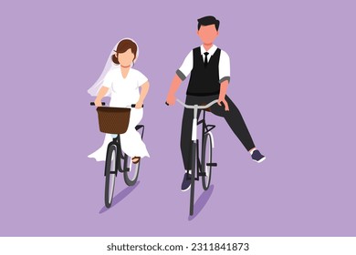 Character flat drawing married couple riding on bicycle. Romantic teenage couple ride bike with wedding dress. Man and woman in love. Happy married couple on bike. Cartoon design vector illustration