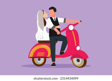 Character flat drawing married couple with scooter vintage, pre-wedding concept. Happy man and cute woman with motorcycle, amorous relationship. Romantic road trip. Cartoon design vector illustration