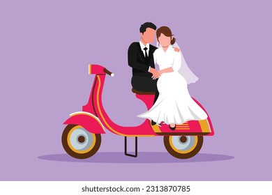 Dibujo plano caracter casados jinetes viaje pareja relajarse. Una pareja romántica en luna de miel sentada y hablando en motocicleta. Hombre con mujer montando moto. Ilustración vectorial de diseño de dibujos animados