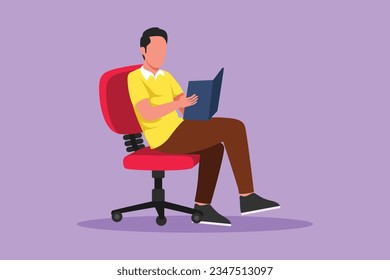 Character flat drawing modern young man reading book sitting in chair. Smart male reader enjoying literature, studying, preparing for exam in library at university. Cartoon design vector illustration