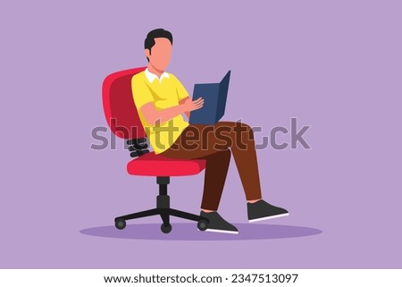 Character flat drawing modern young man reading book sitting in chair. Smart male reader enjoying literature, studying, preparing for exam in library at university. Cartoon design vector illustration
