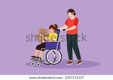 Character flat drawing of mother with beautiful disabled daughter in wheelchair came for examination at clinic hospital. Mom helps child with disabilities treatment. Cartoon design vector illustration