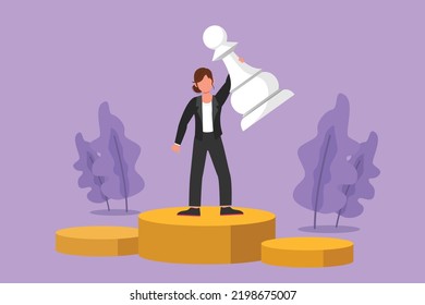 Character flat drawing motivation businesswoman holding, lifting pawn chess piece. Successful entrepreneurship tactics strategy, superiority in business competition. Cartoon design vector illustration