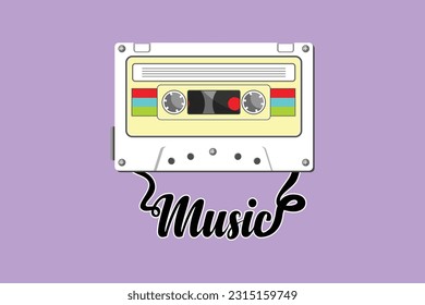 Character flat drawing music slogan with cassette tape logo, icon. Retro compact tape cassette. Vintage white audio cassette tape in doodle style isolated on blue. Cartoon design vector illustration