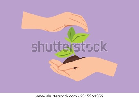Character flat drawing new life in young hands on white background. Female hand holding tree on nature field grass. Forest conservation concept, logo, icon, symbol. Cartoon design vector illustration