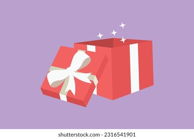 Character flat drawing of open red gift box with white ribbon and bow logo, icon, label, symbol. Template design for surprise, celebration event, presents, birthday. Cartoon design vector illustration