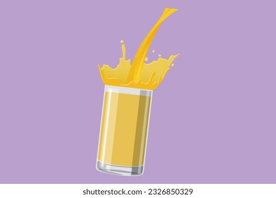 El jugo de naranja plano y plano de carácter se vierte en el vidrio creando salpicaduras. Esplando limonada en un vaso. Mango salpicar en un vaso. Naranja vertida en el icono del logo del vidrio. Ilustración vectorial de diseño de dibujos animados