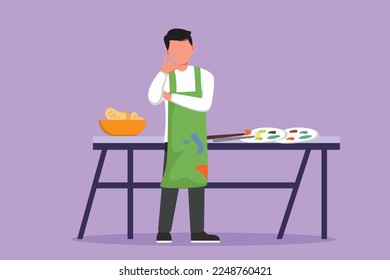 Character flat drawing of painter standing with call me gesture near table and painting tools to produce artwork on canvas in workshop studio. Creative work or job. Cartoon design vector illustration