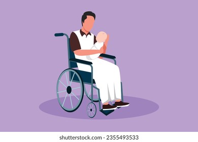 Character flat drawing of parents with newborn baby. Happy Arabian male hold baby, sitting in wheelchair. Disabled man holding baby in his arms. Family love concept. Cartoon design vector illustration