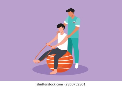 Character flat drawing physiotherapy rehabilitation isometric composition with medical specialist helping man patient to massage leg with rope. Healthcare hospital. Cartoon design vector illustration