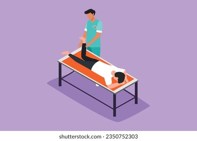 Character flat drawing physiotherapy rehabilitation assistance. Injury man patient lying on massage table therapist doing healing treatment massaging injured foot. Cartoon design vector illustration