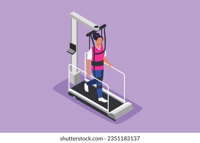 Character flat drawing physiotherapy rehabilitation isometric composition with pretty woman walking on medical running machine doing exercises. Healthcare treatment. Cartoon design vector illustration