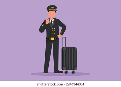 Charaktere flache Zeichnung Pilot mit Daumen auf Geste und vollständige Uniform, bereit zum Reiten oder fliegen Flugzeug, um Passagiere zu ihrem Ziel zu bringen. Cartoon-Design, Vektorgrafik