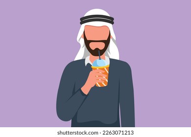 Character flat drawing portrait of Arab man holding plastic cup and drink orange juice in hot summers. Busy time at office hour. Healthy male feels thirsty at work. Cartoon design vector illustration