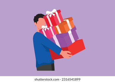 Character flat drawing portrait of boy carrying stack of wrapped gifts box isolated on blue background. Young man holding huge stack New Year presents logo, symbol. Cartoon design vector illustration