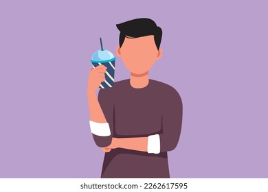 Character flat drawing portrait of handsome man holding glass of orange juice with one hand folded. Young male feels thirsty and try to refreshing in summer season. Cartoon design vector illustration