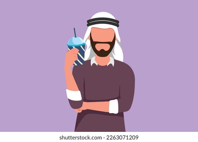 Carácter plano retrato de un hombre apuesto sosteniendo un vaso de jugo de naranja con una mano doblada. Los hombres árabes tienen sed y tratan de refrescarse en la temporada de verano. Ilustración vectorial de diseño de dibujos animados