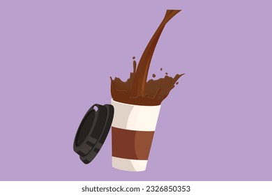 Character flat drawing of pouring coffee into paper cup causing splash. Coffee pouring into disposable paper cup and creating splashes. Zero waste beverage concept. Cartoon design vector illustration