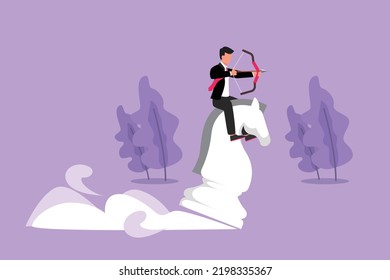 Character flat drawing of precise businessman holding archery aiming target while riding chess knight piece, strategic competition concept. Success business manager. Cartoon design vector illustration