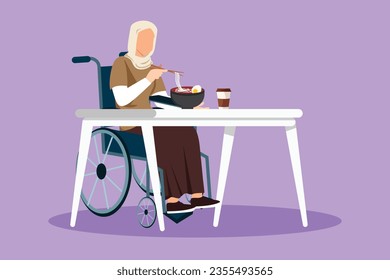 Character flat drawing pretty Arabian female wheelchair user eating ramen or noodles food sitting at table. Having lunch, snack in cafe. Society and disabled people. Cartoon design vector illustration