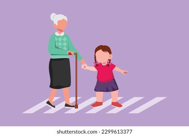 Character flat drawing pretty cute little girl helps old woman to cross road at pedestrian crossing. Help grandmother crosswalk. Safety traffic. Manners and respect. Cartoon design vector illustration