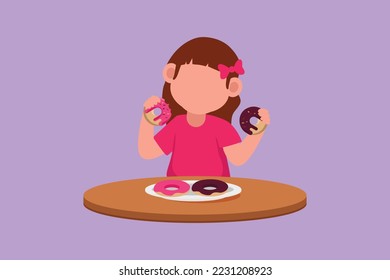 Character flat drawing of pretty little girl eating sweet donut with glaze sugar cream. Hungry child enjoy yummy dessert. Preschooler kid having doughnut cake meal. Cartoon design vector illustration