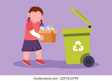 Character flat drawing of pretty little girl gathering garbage and plastic waste for recycling. Active kids picking up plastic bottles into garbage. Eco education. Cartoon design vector illustration