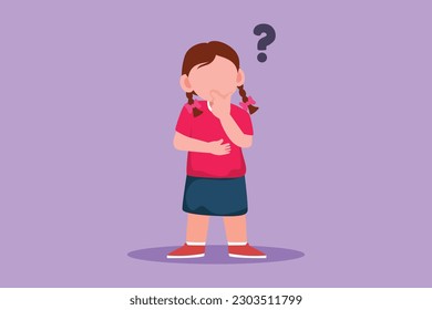 Character flat drawing of pretty little girl thinking. Cheerful kids think creative idea. Bubble with question mark sign. Concept of learning and growing children. Cartoon design vector illustration